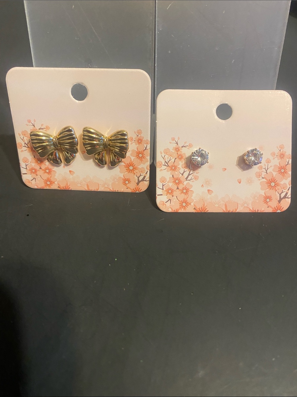 Gold Bow Studs & Clear Crystal Stud Earrings - 2 Pair Set